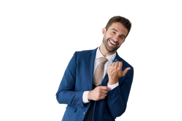 Portrait, smile and wedding suit with a groom getting ready while isolated on a transparent background. Fashion, marriage and a happy young man dressing in clothes for an event or ceremony on PNG