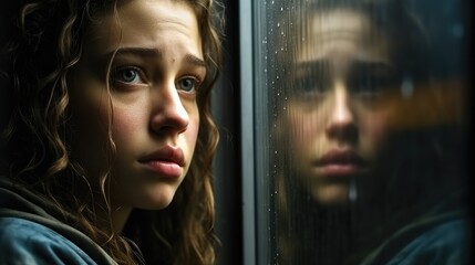 Depression, Sad unhappy teenage girl, Thinking and depressed in home. - obrazy, fototapety, plakaty