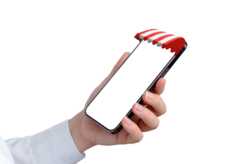 Mobile phone in hand with shop awning over display concept. Isolated screen and background for app mockup