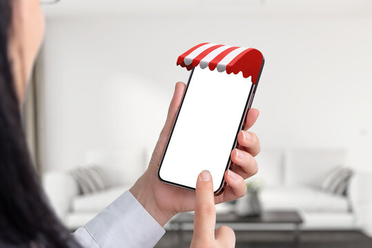 Woman use smart phone with red white awning on phone display concept. Isolated screen for mockup, app or web page presentation
