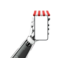 Phone with shop awning in robot hand. Concept of using artificial intelligence in online shopping, optimizing prices and product offer