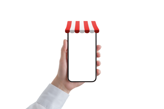 Phone in woman hand with red white shop awning on phone display concept. Isolated screen and background. Phone in front position