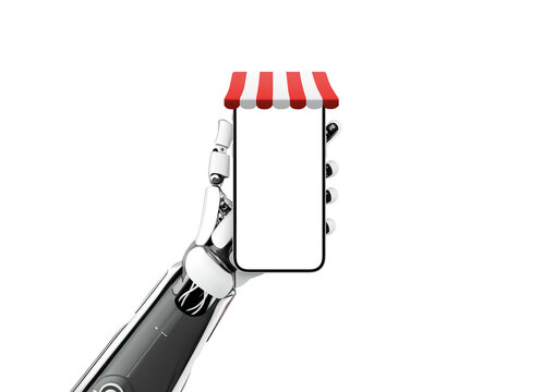 Phone with shop awning in robot hand. Concept of using artificial intelligence in online shopping, optimizing prices and product offer