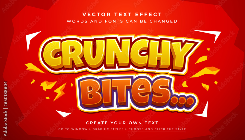 Poster vector editable 3d orange red text effect. crunchy bites snacks graphic style on red background