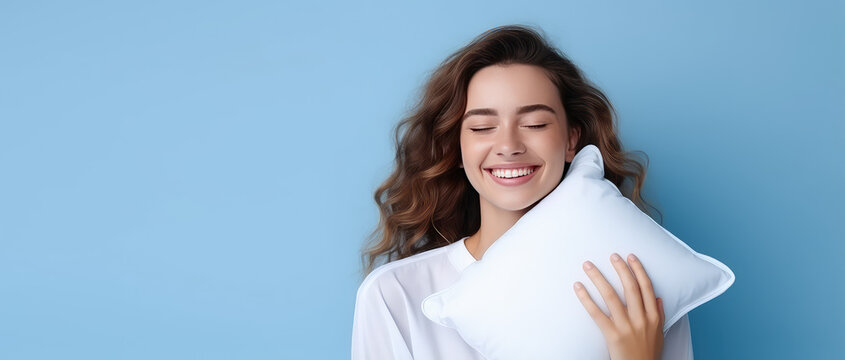 Young beautiful woman hugging pillow isolated on flat blue background with copy space. Bedding store banner template. 