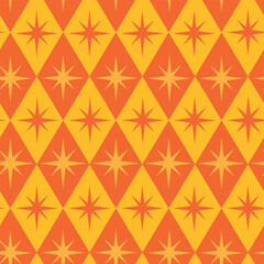 Mid Century Retro Starbursts on orange and amber diamond shapes seamless pattern. For home décor, wallpaper and retro posters. 