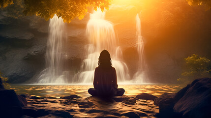 Obraz premium Silhouette of a woman meditating on beautiful waterfall background