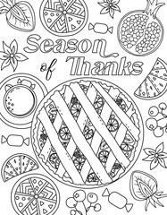 Autumn vibes. Fall season aesthetics. Tea, Pumpkin spice, rainy city. Hand drawing coloring page for kids and adults. Beautiful drawing with patterns and small details. Coloring book pictures. Vector