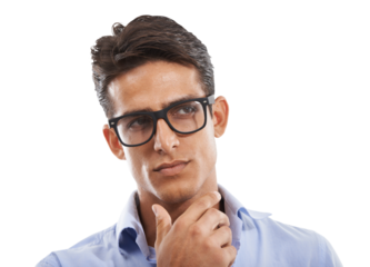 Person, hand and chin with idea for thinking, decision or problem solving of options. Man, model or isolated on a transparent png background with gesture, brainstorming or question expression on face