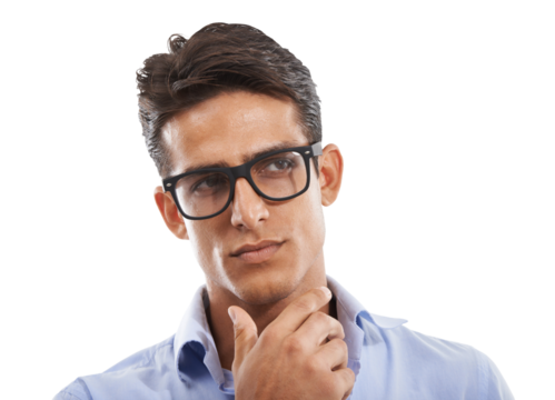 Person, hand and chin with idea for thinking, decision or problem solving of options. Man, model or isolated on a transparent png background with gesture, brainstorming or question expression on face