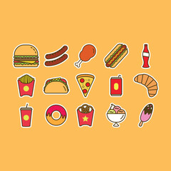 Vector flat fast food elements collection. Burger, Sausage, Drumstick, Hotdog, Cola (bottle), French Fries, Taco, Pizza, Cola (can), Croissant, Cola (cup), Donut, Onion Ring,  Ice Cream.
