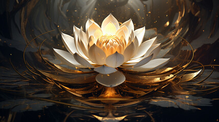 The magical golden lotus flower glows in the dark. - obrazy, fototapety, plakaty