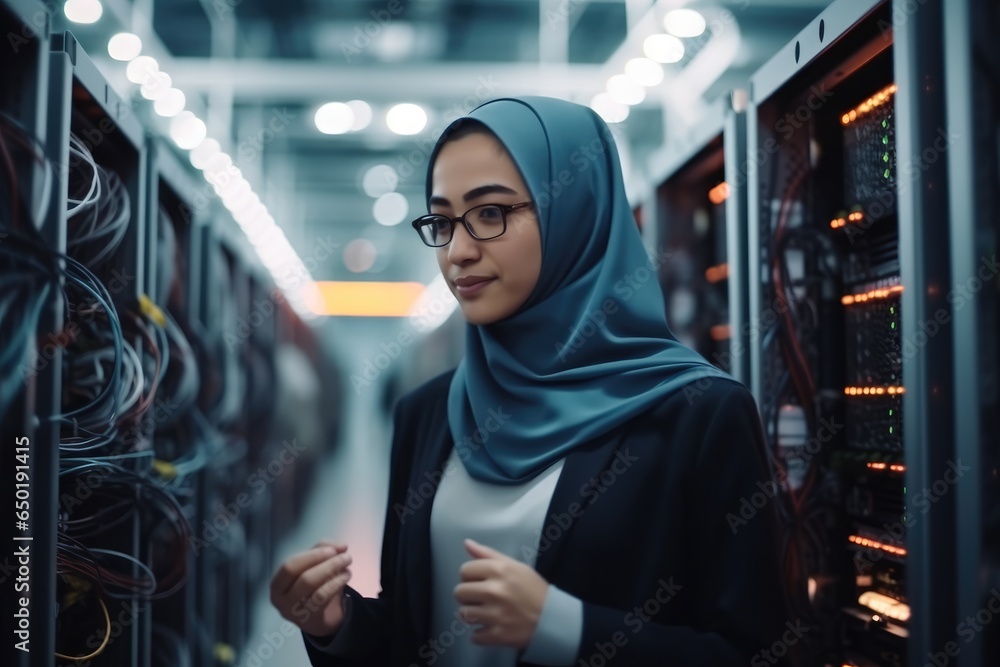 Poster muslim lady technician working in a server room with servers in the background