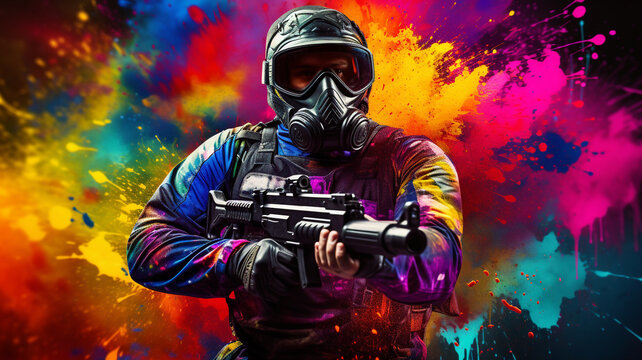 A tactical suit and color bombs for a paintball war game