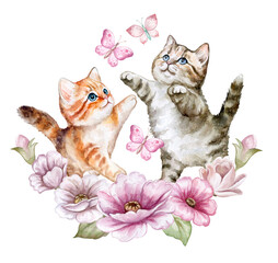 Playful Cute kittens in a flower arch. Pink butterflies. Spring flowers and jumping cats isolated on white background. Watercolor illustration