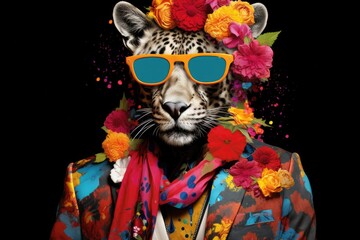 Fashionable tiger with sunglasses and floral wreath on black background, charming mohawk wearing a vibrant, oversized outfit, AI Generated