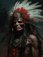 Indian skull with feathered headdress. Digital painting style.