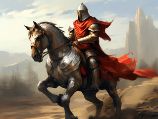 Knight in armor on horseback. Digital art.