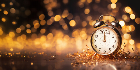 2024 written on a vintage alarm clock, New Year eve header with copy space, golden bokeh lights shiny background - obrazy, fototapety, plakaty