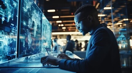 IT Scientists team working in data center about development of a quantum computer, While Works on Laptop Computer.