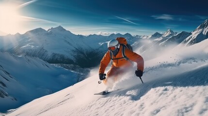 Skier jumping in the snow mountains on the slope, Winter holidays in ski resort.
