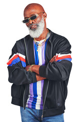 Portrait, hip hop and arms crossed with a senior black man isolated on a transparent background for...