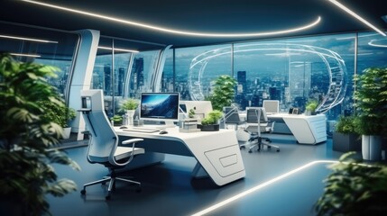 Futuristic business office with smart technologies and green plants, Conservation business Environment concept.