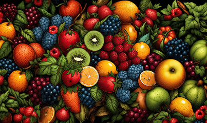 Naklejka na ściany i meble Colorful background, drawing of an assortment of fruits and berries.