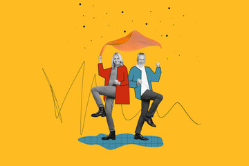 Creative collage picture of two mini black white colors people raise fists hide under huge fallen...