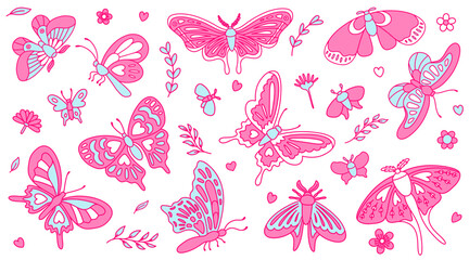 Big set with butterflies, daisies, leaves in blue and pink colors. Nostalgia for the 2000 years. Y2k style.