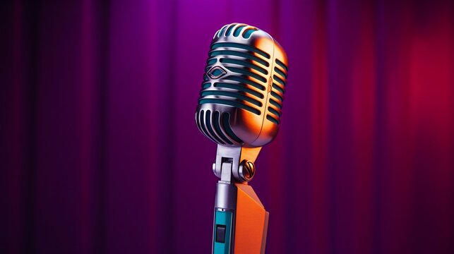 Microphone Against Purple Backdrop with Dark Cyan and Orange Lights. Generative ai