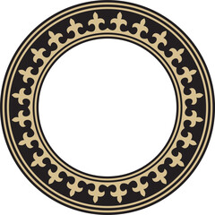 Vector golden and black round Kazakh national ornament. Ethnic pattern of the peoples of the Great Steppe, .Mongols, Kyrgyz, Kalmyks, Buryats. circle, frame border.