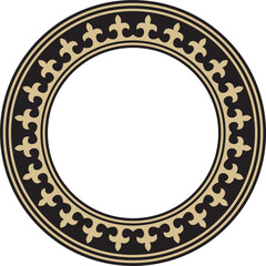Vector golden and black round Kazakh national ornament. Ethnic pattern of the peoples of the Great Steppe, .Mongols, Kyrgyz, Kalmyks, Buryats. circle, frame border.