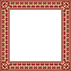 Vector red with gold Square Kazakh national ornament. Ethnic pattern of the peoples of the Great Steppe, .Mongols, Kyrgyz, Kalmyks, Buryats. Square frame border.