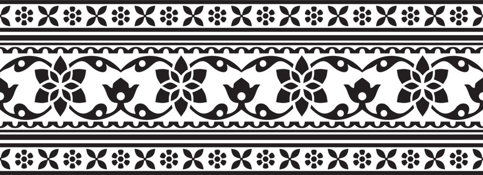 Vector seamless monochrome black Indian national ornament. Ethnic endless plant border. Flowers frame. Poppies and leaves..