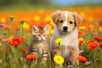 Puppy and kitten together among colorful flowers in meadow at sunny day. Generative AI - obrazy, fototapety, plakaty