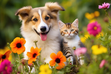 Kitten and puppy together in colorful flowers on meadow at sunny day. Generative AI - 650196089