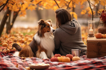 A cozy autumn picnic with a family and their dog, surrounded by the warmth of falling leaves and the crisp autumn air