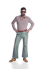 Fashion, retro and man with sunglasses and 70s disco outfit and pipe in studio isolated on png or transparent background. Vintage, person and hippie style with hands on hip and serious face or trendy