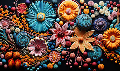 Background of many colors, in various embroidery styles.