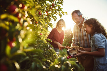 Autumn harvest: a family and their dog picking apples in a sunlit orchard filled with ripe, red fruit