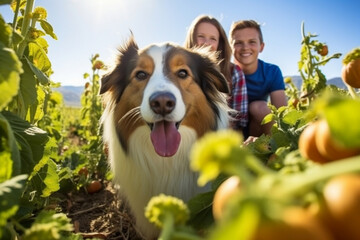 Autumn adventure: a family and their dog exploring a pumpkin patch, surrounded by ripe pumpkins and...
