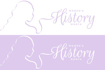 Women's History Month Greeting Banner Set on blue and white background. Calligraphy and women's silhouette in brush. Editable Vector Illustration. 