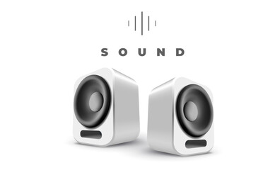 Vector music illustration of white and black color speakers with shadow on white background. 3d style design of music speakers with word sound - obrazy, fototapety, plakaty