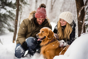 A nature-loving family and their golden retriever in a snowy forest - obrazy, fototapety, plakaty