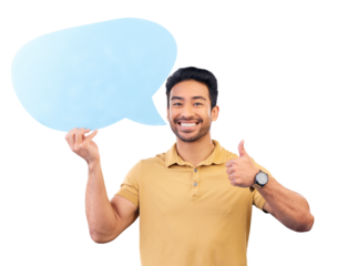 Man, speech bubble and thumbs up for social media, opinion and comment on isolated, transparent or png background. Poster, sign and Indian student show a quote, mockup space and portrait for feedback
