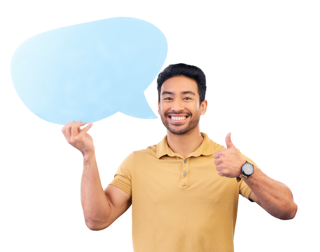 Man, speech bubble and thumbs up for social media, opinion and comment on isolated, transparent or png background. Poster, sign and Indian student show a quote, mockup space and portrait for feedback - Powered by Adobe