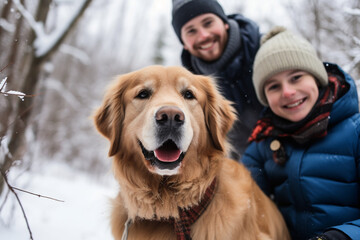 Obraz premium A family enjoying a pet-friendly winter hike with their golden retriever in a snowy woodland