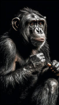 Gorilla smokes a cigar on a black background, generative AI.