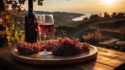 Outdoor vineyard tasting: Wine bottle and glass with scenic backdrop and grapes
